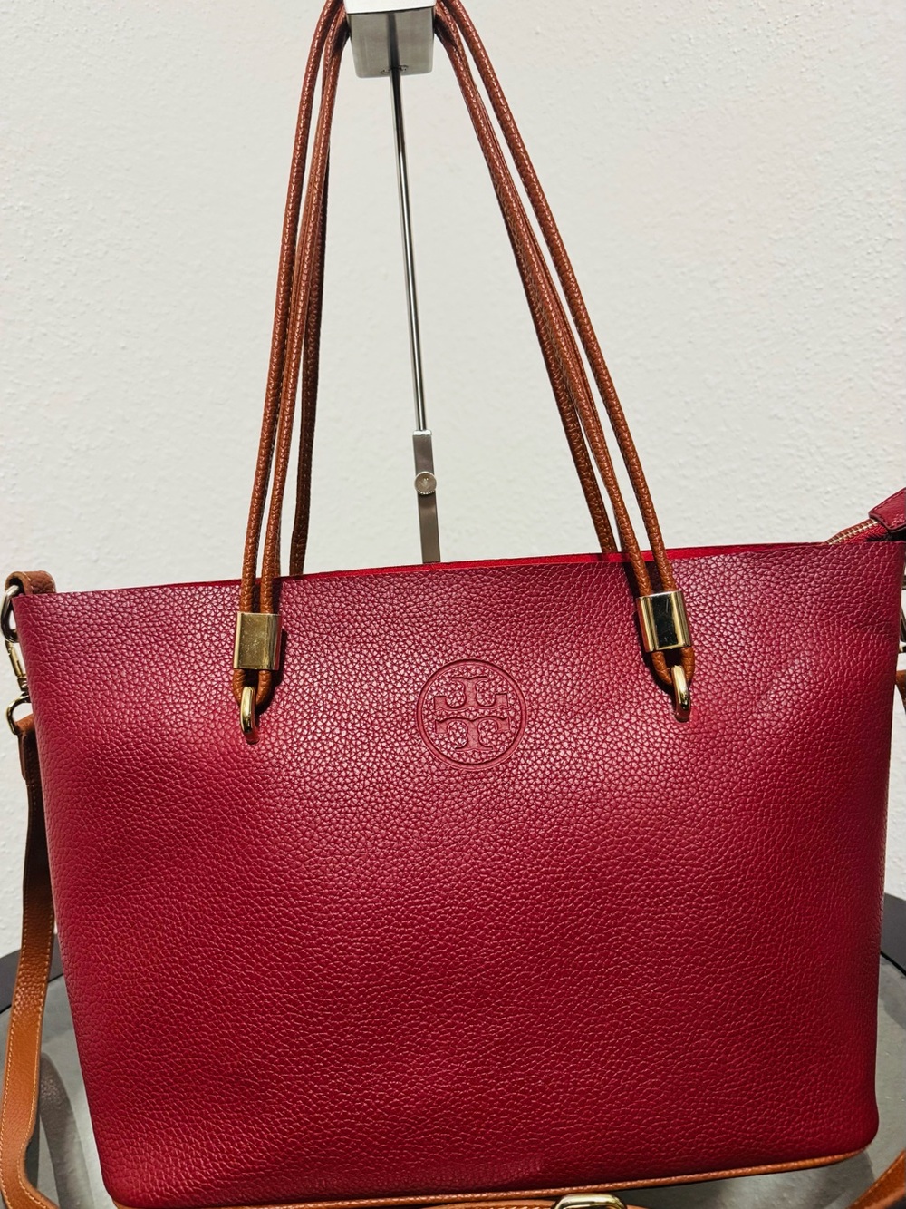 Tory Burch Red Leather Tote with Tan Straps